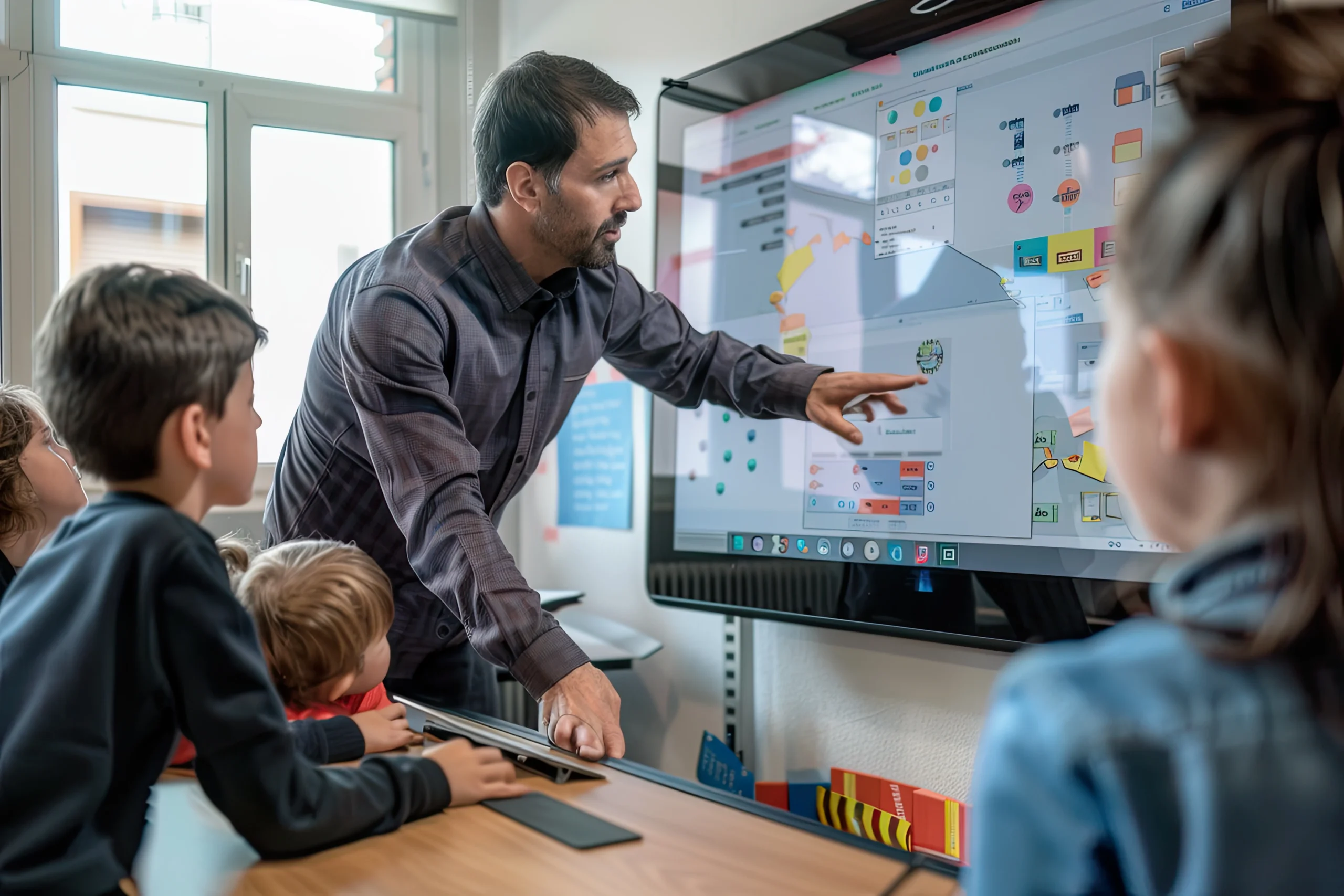 Profesor usando pizarra digital interactiva en aula moderna